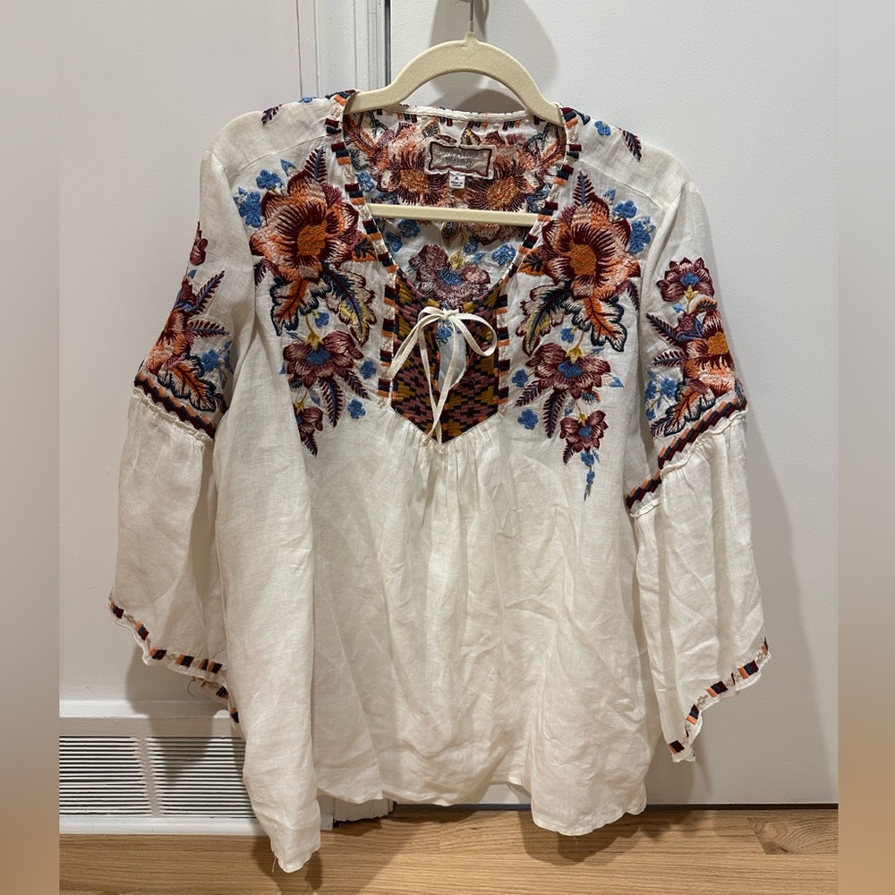 Johnny Was Caila Ruffle Boho Embroidered Blouse